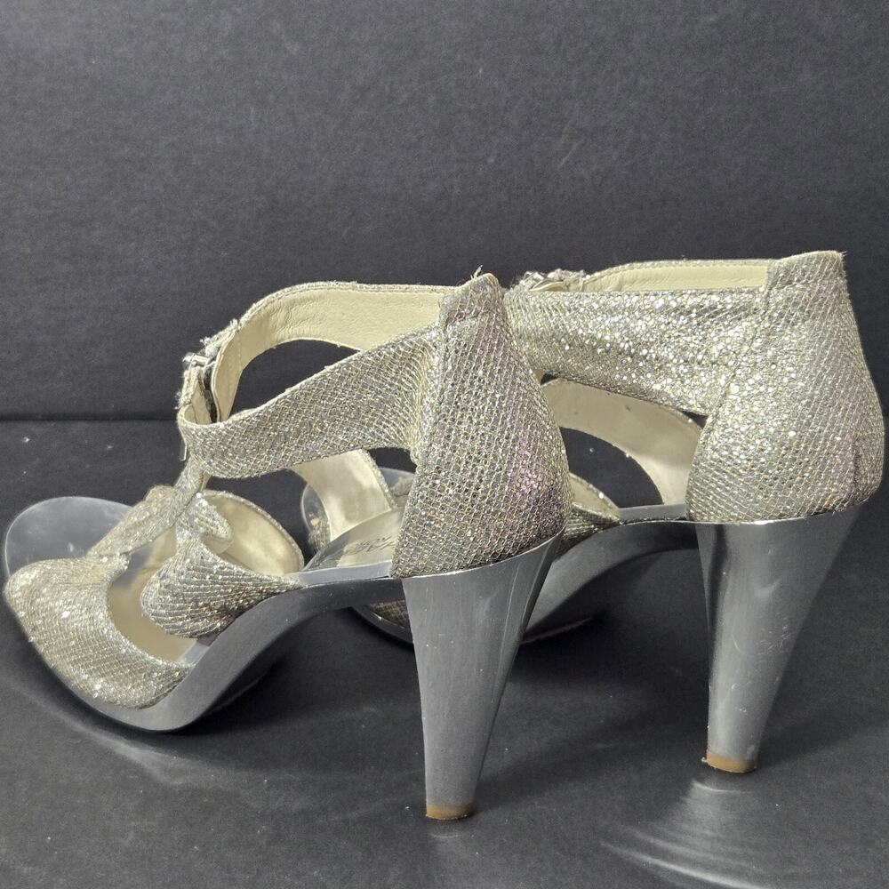 Michael Kors Women's Berkley Size 7.5 High Heel Silver Glitter Zip Sandal Shoes - Picture 6 of 16